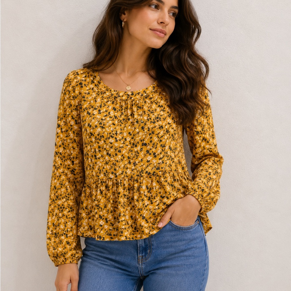 Anthropologie Mustard ditsy Floral Peplum Top S